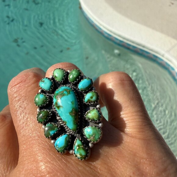 Artisan Sonoran Mountain Turquoise Sterling Silver Cluster Statement Ring Adjust - Picture 1 of 12